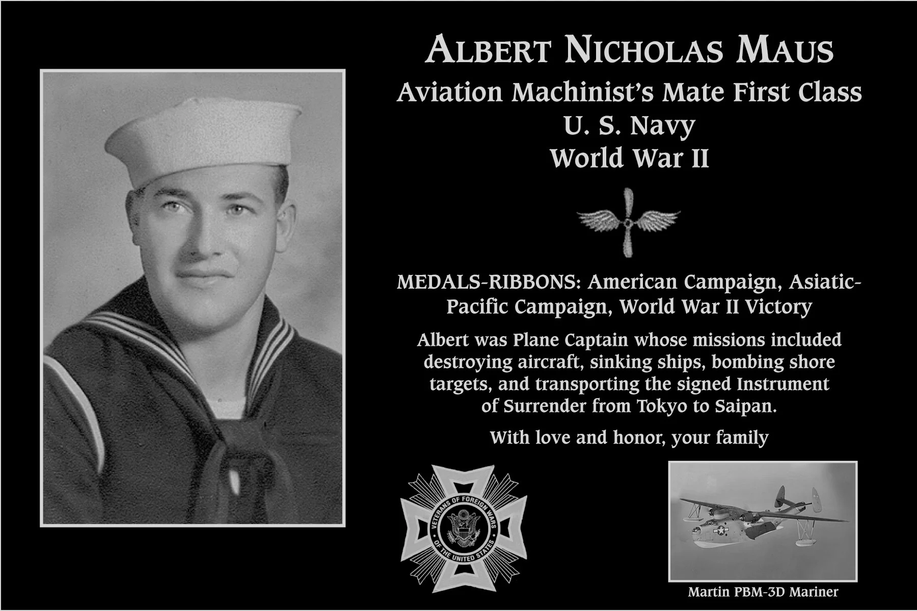 Petty Officer First Class Albert Nicholas Maus Mt Soledad Virtual Plaque