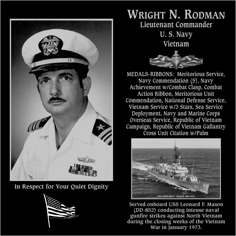 Lieutenant Commander Wright N Rodman | Mt. Soledad Virtual Plaque