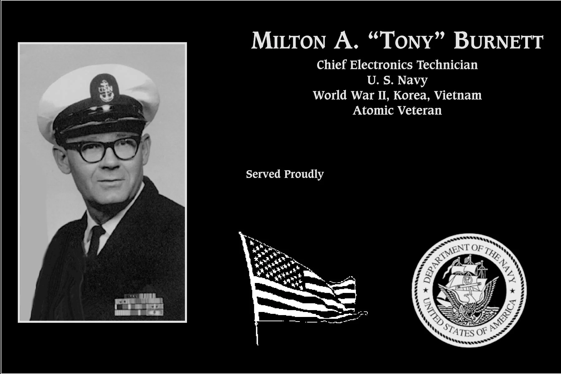 Chief Petty Officer Milton A Burnett | Mt. Soledad Virtual Plaque