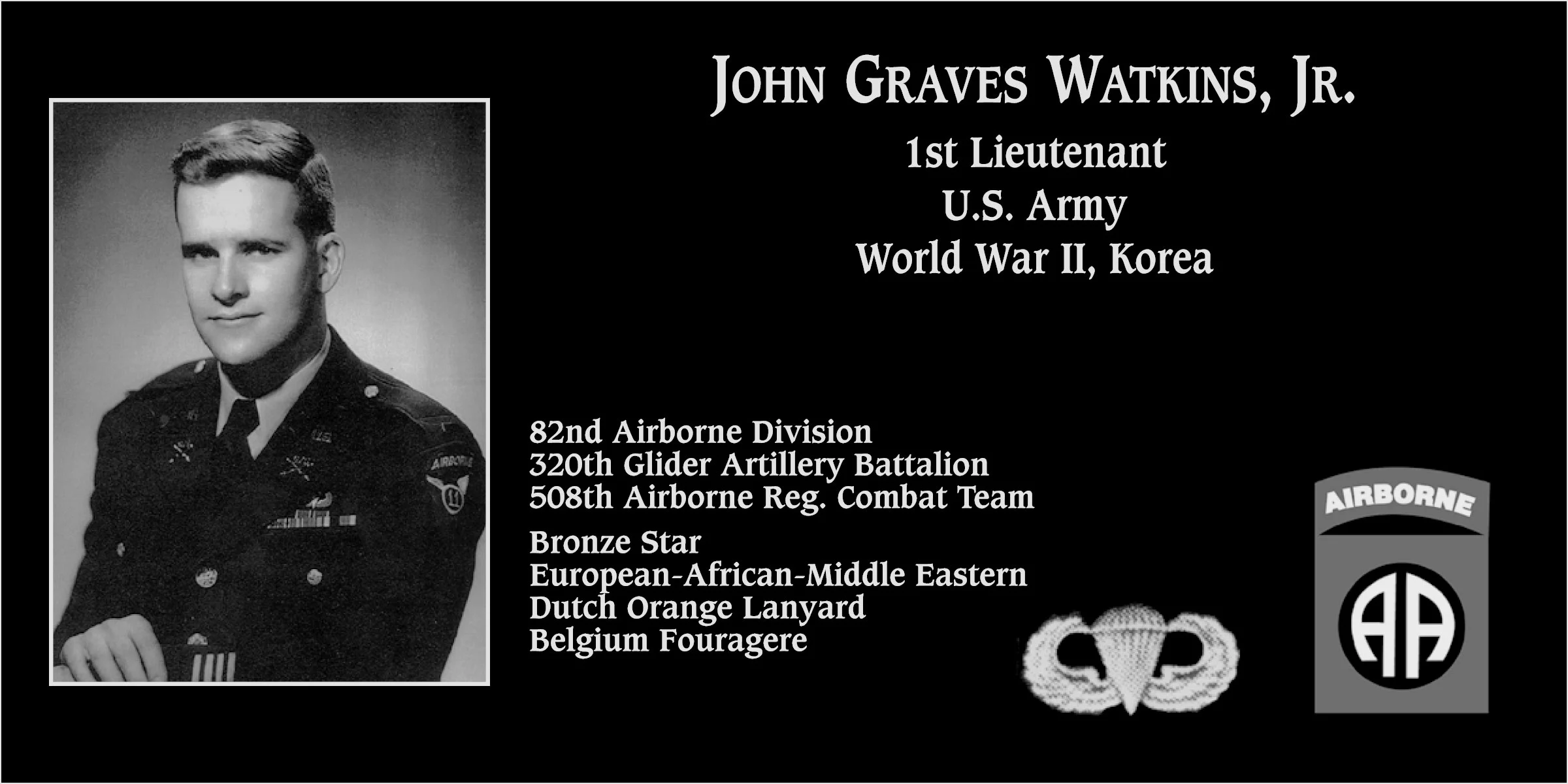 First Lieutenant John Graves Watkins jr | Mt. Soledad Virtual Plaque