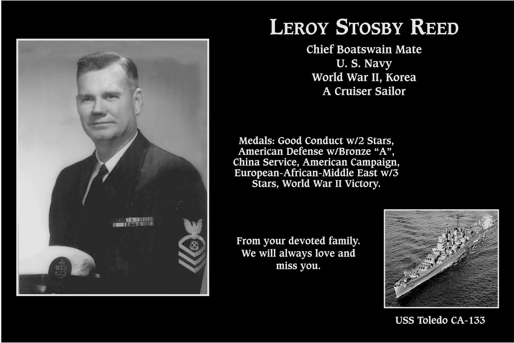 Leroy Reed Chief Petty Officer Leroy Stosby Reed | Mt. Soledad Virtual Plaque