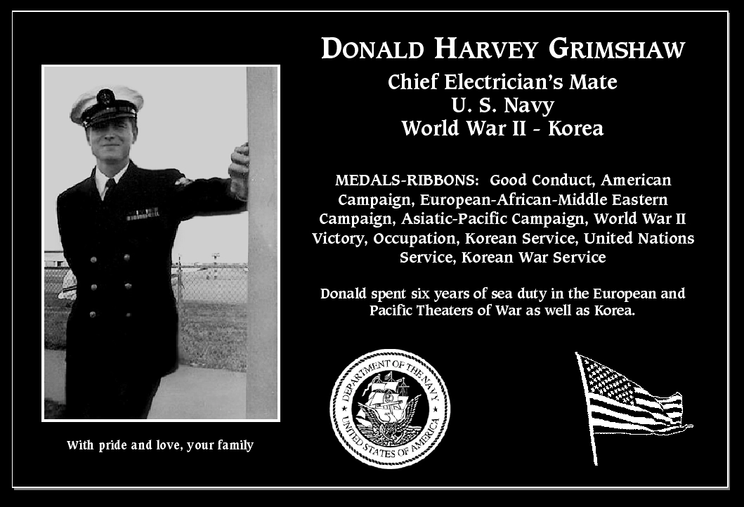 Chief Petty Officer Donald Harvey Grimshaw | Mt. Soledad Virtual Plaque