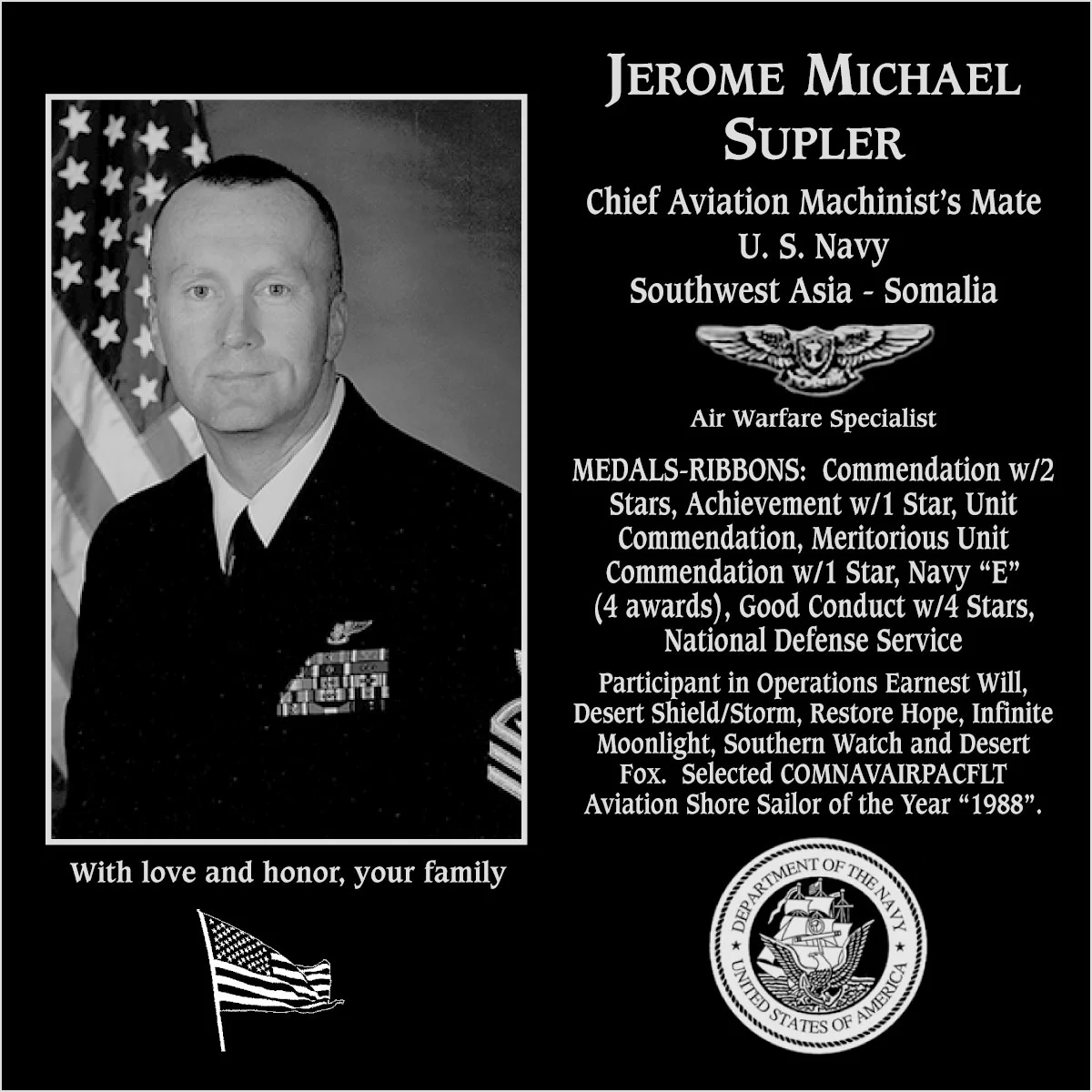 Chief Petty Officer Jerome Michael Supler | Mt. Soledad Virtual Plaque