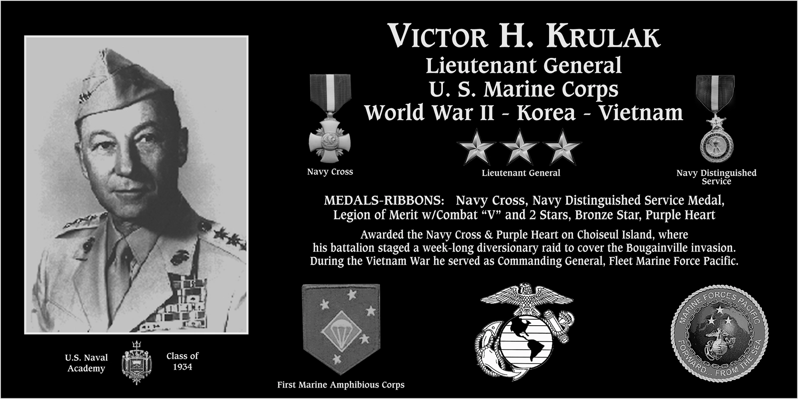 Lieutenant General Victor H Krulak Mt Soledad Virtual Plaque