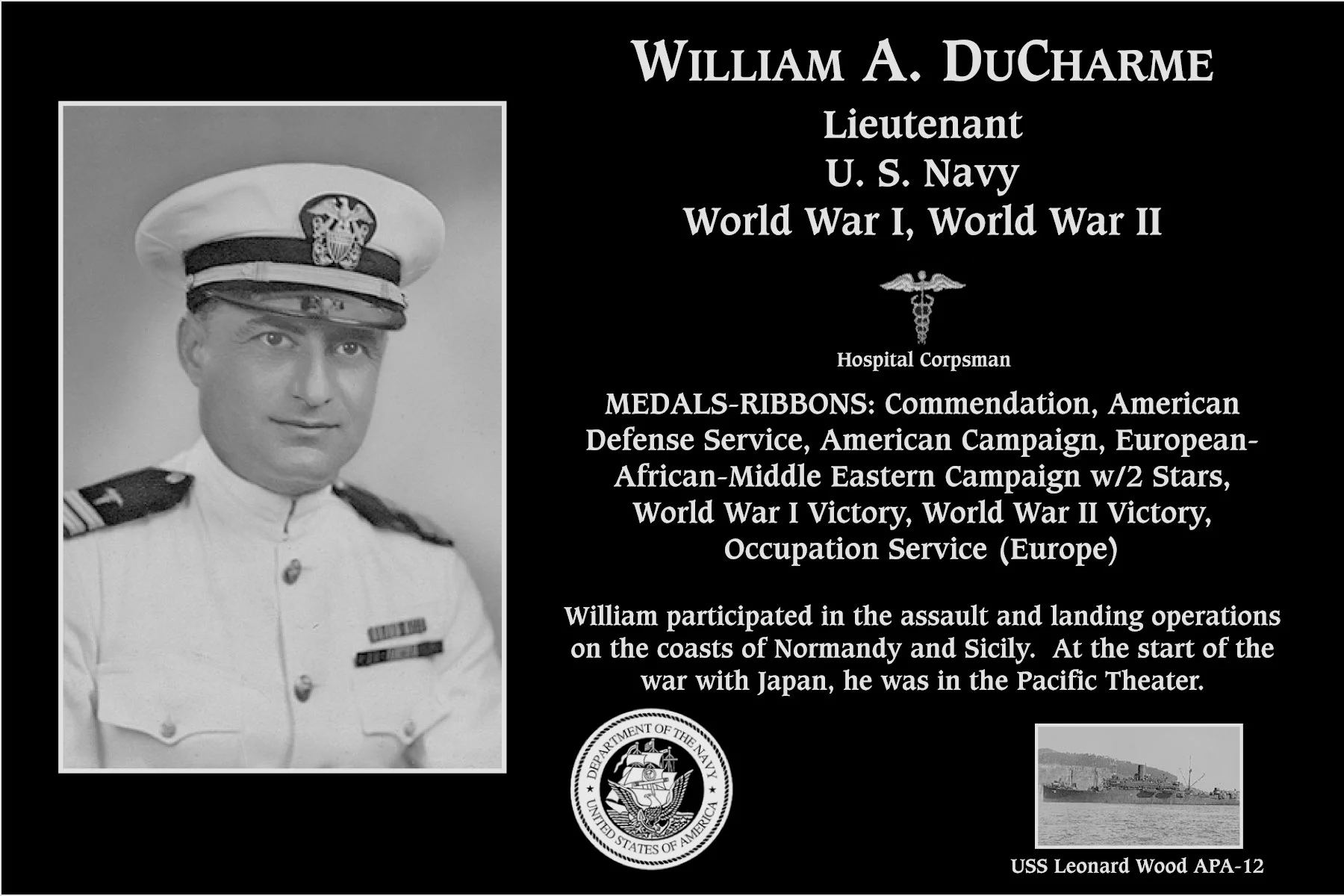 Lieutenant William A DuCharme Mt. Soledad Virtual Plaque