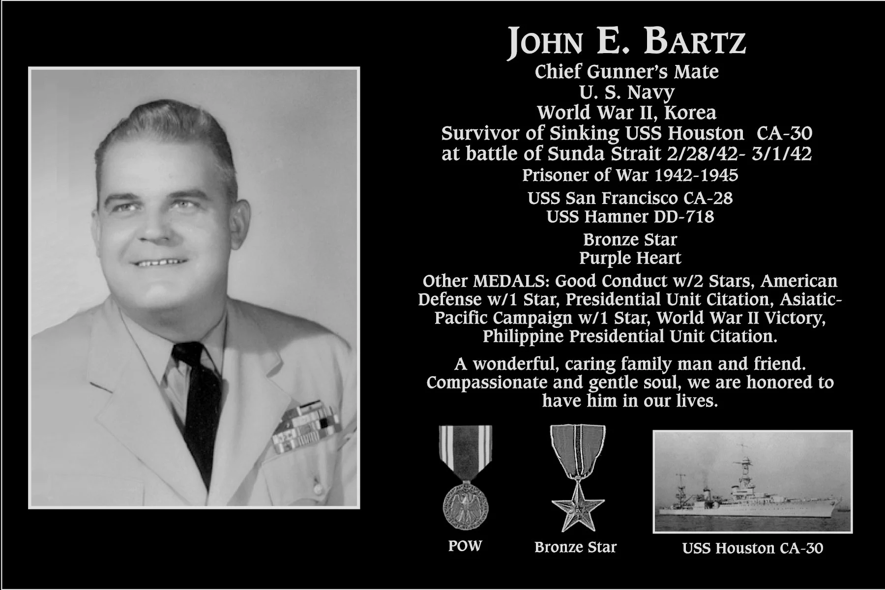 Chief Petty Officer John E Bartz | Mt. Soledad Virtual Plaque