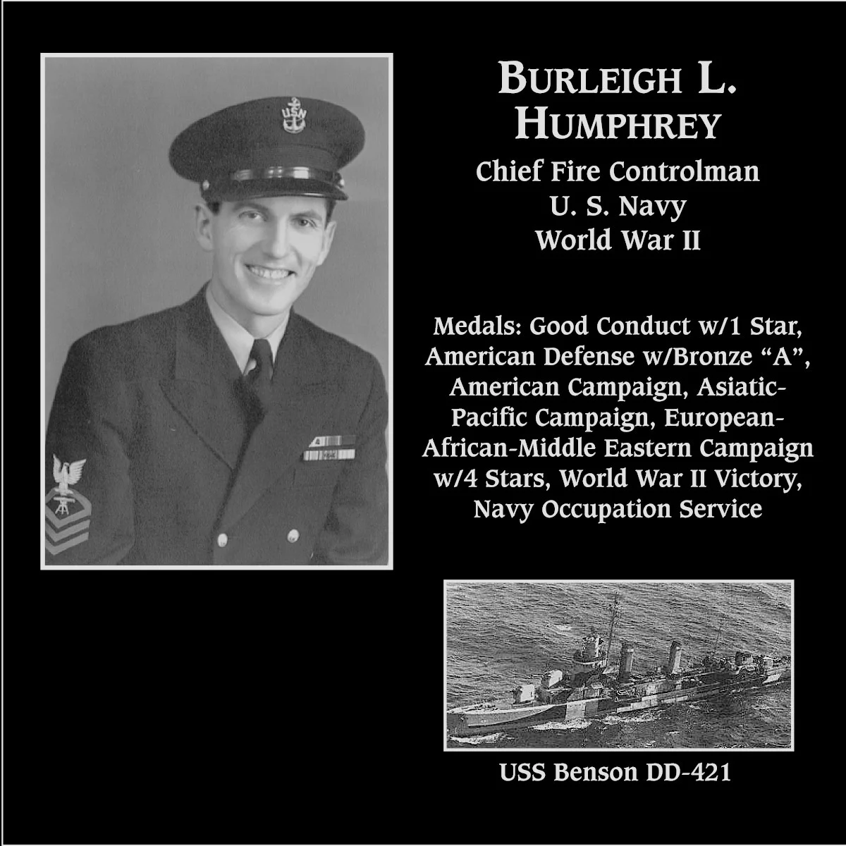 Chief Petty Officer Burleigh L Humphrey | Mt. Soledad Virtual Plaque