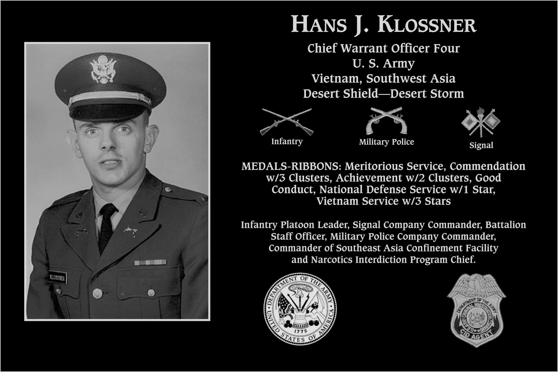 Chief Warrant Officer 4 Hans J Klossner | Mt. Soledad Virtual Plaque