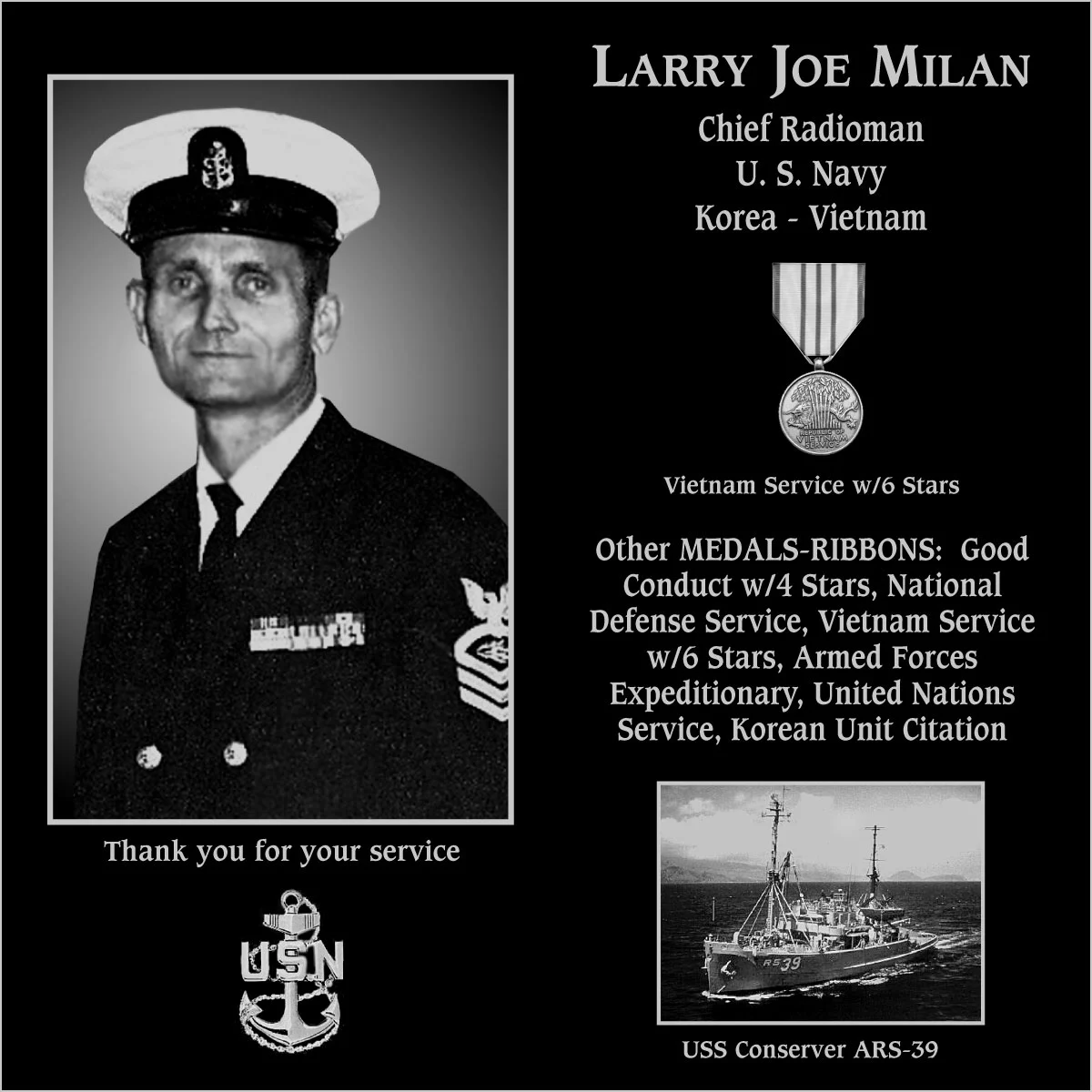 Chief Petty Officer Larry Joe Milan | Mt. Soledad Virtual Plaque