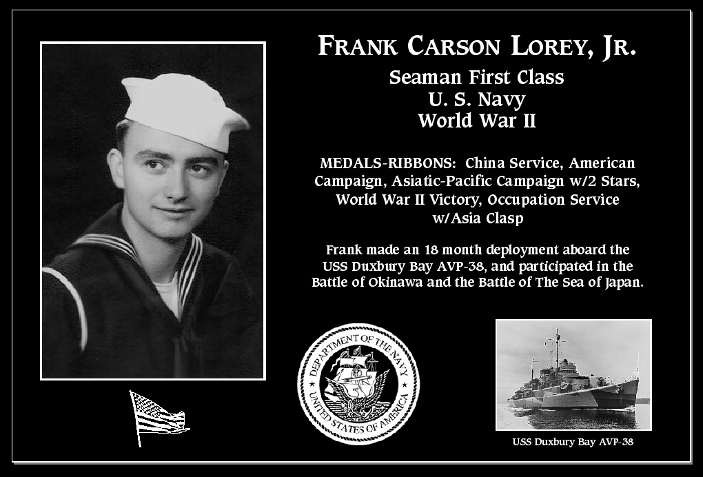 Seaman/Airman/Fireman Frank Carson Lorey jr | Mt. Soledad Virtual Plaque