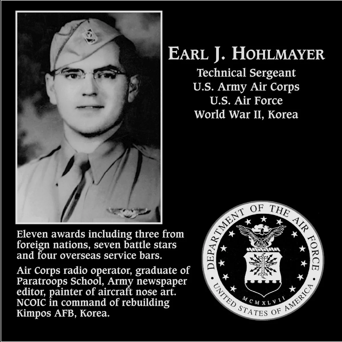 Technical Sergeant Earl J. Hohlmayer | Mt. Soledad Virtual Plaque