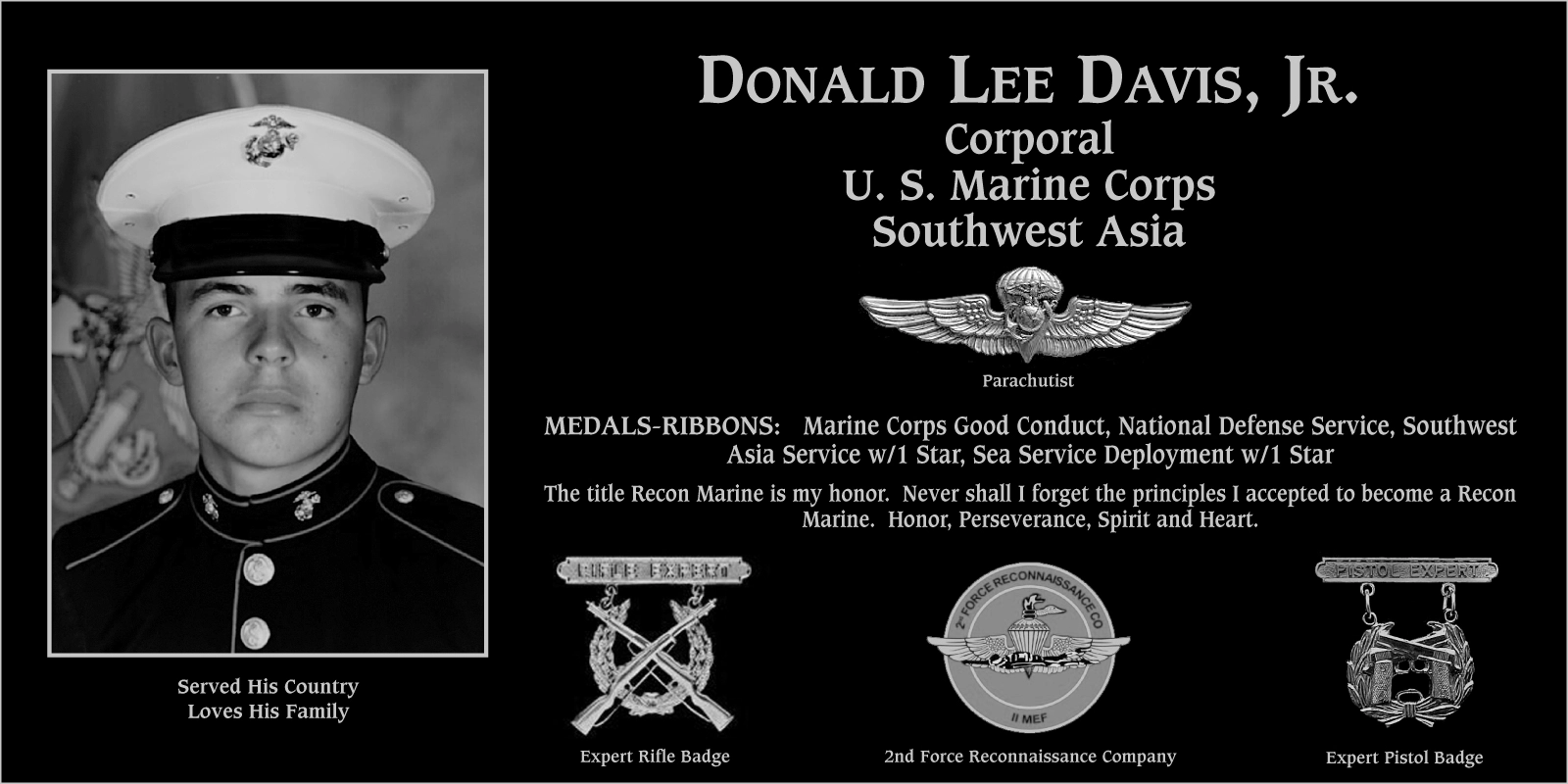 Corporal Donald Lee Davis jr | Mt. Soledad Virtual Plaque