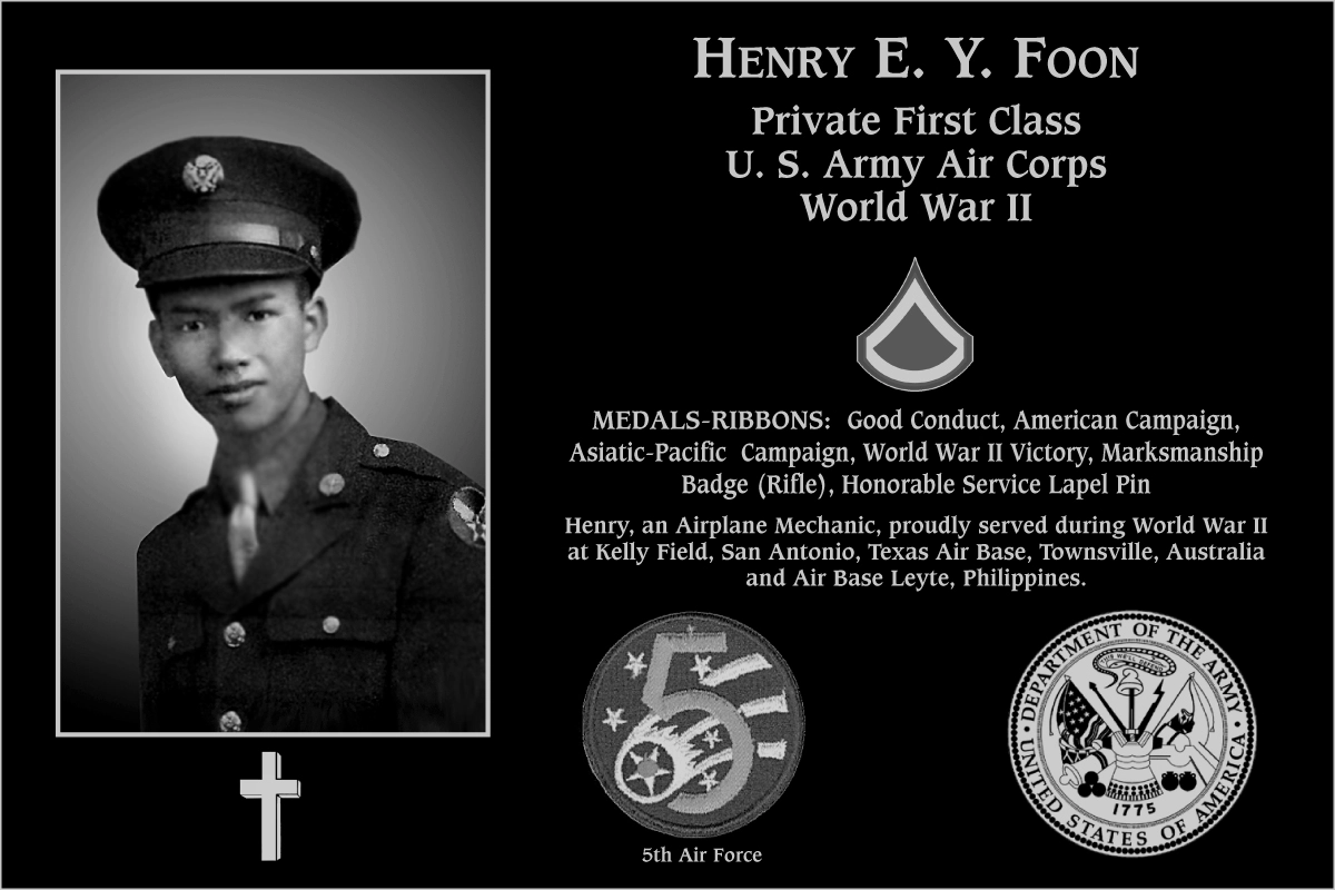 Private First Class Henry E.Y. Foon | Mt. Soledad Virtual Plaque