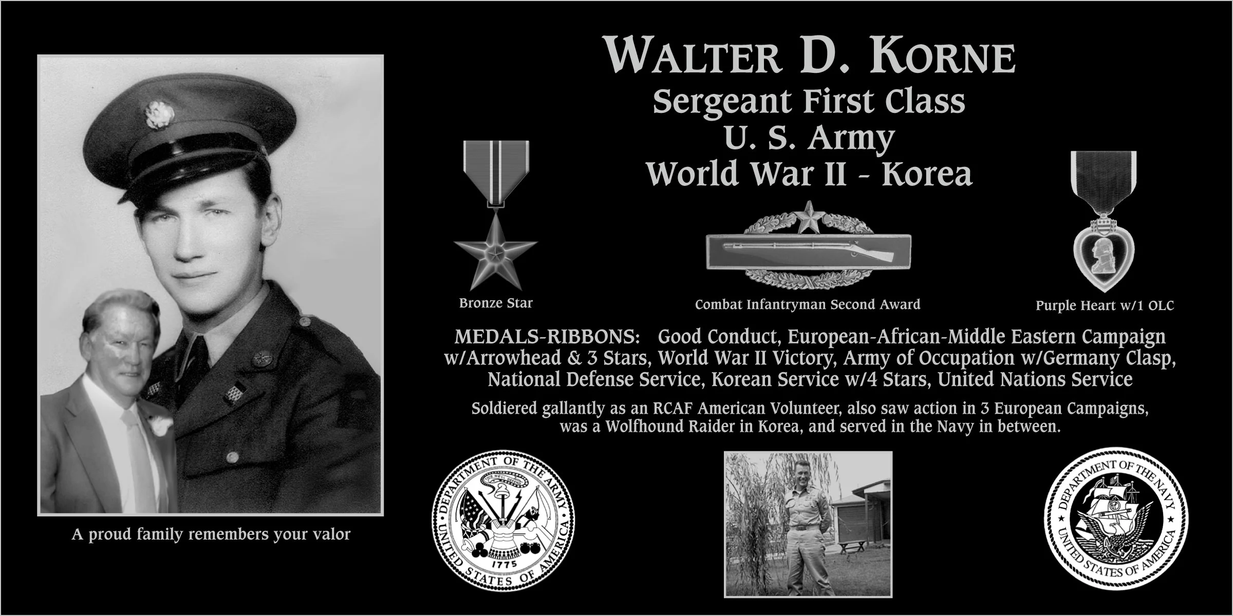 Sergeant First Class Walter D Korne | Mt. Soledad Virtual Plaque