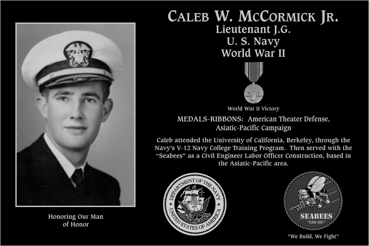 Lieutenant, Junior Grade Caleb W. McCormick jr | Mt. Soledad Virtual Plaque