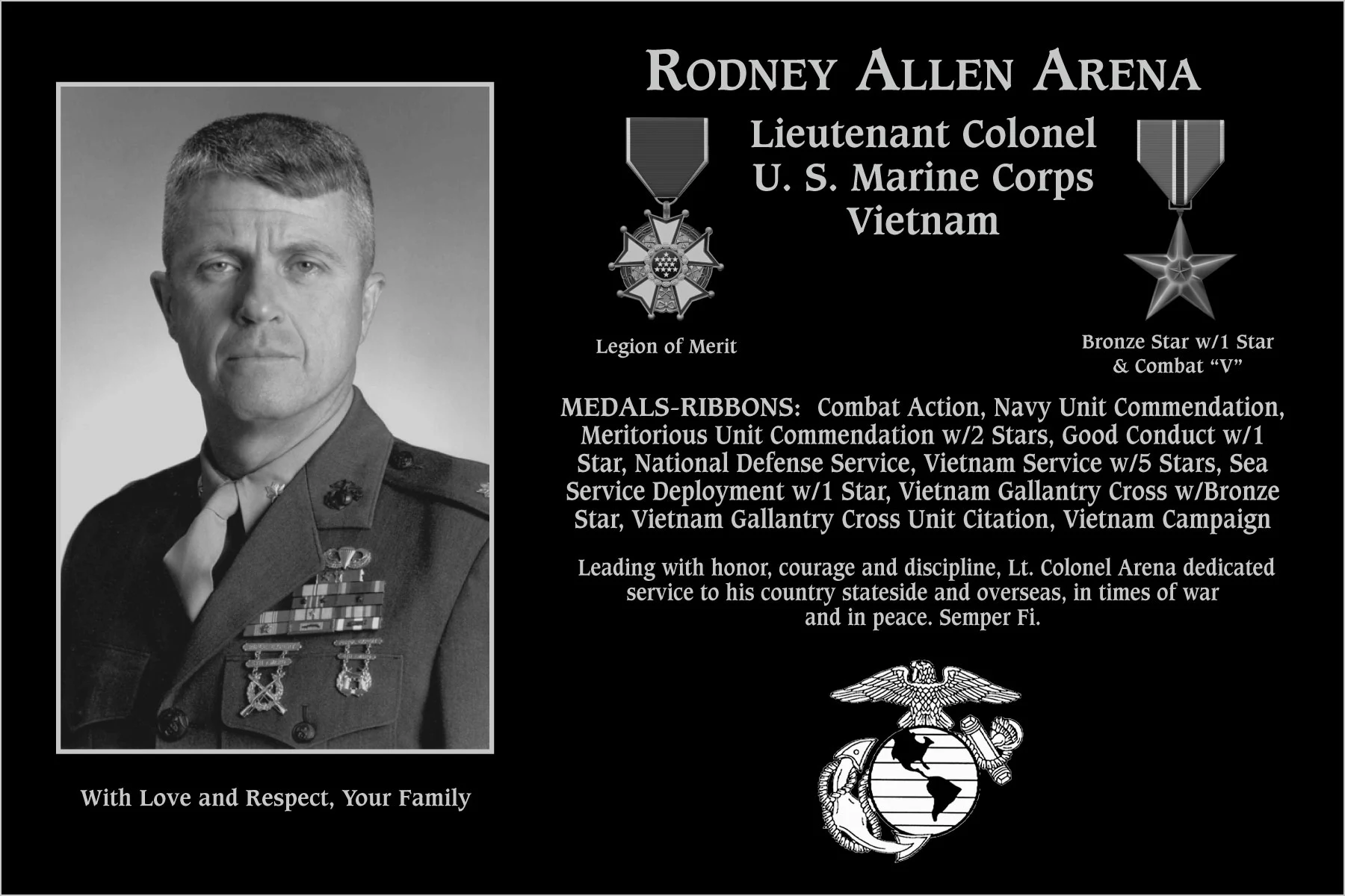 Lieutenant Colonel Rodney Allen Arena | Mt. Soledad Virtual Plaque