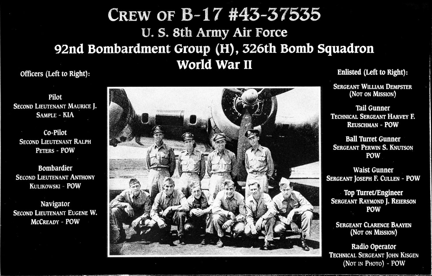 CREW OF B-17 #43-37535 US 8th Army Air Force 92nd Bombardment Group 326 Bomb Squadron