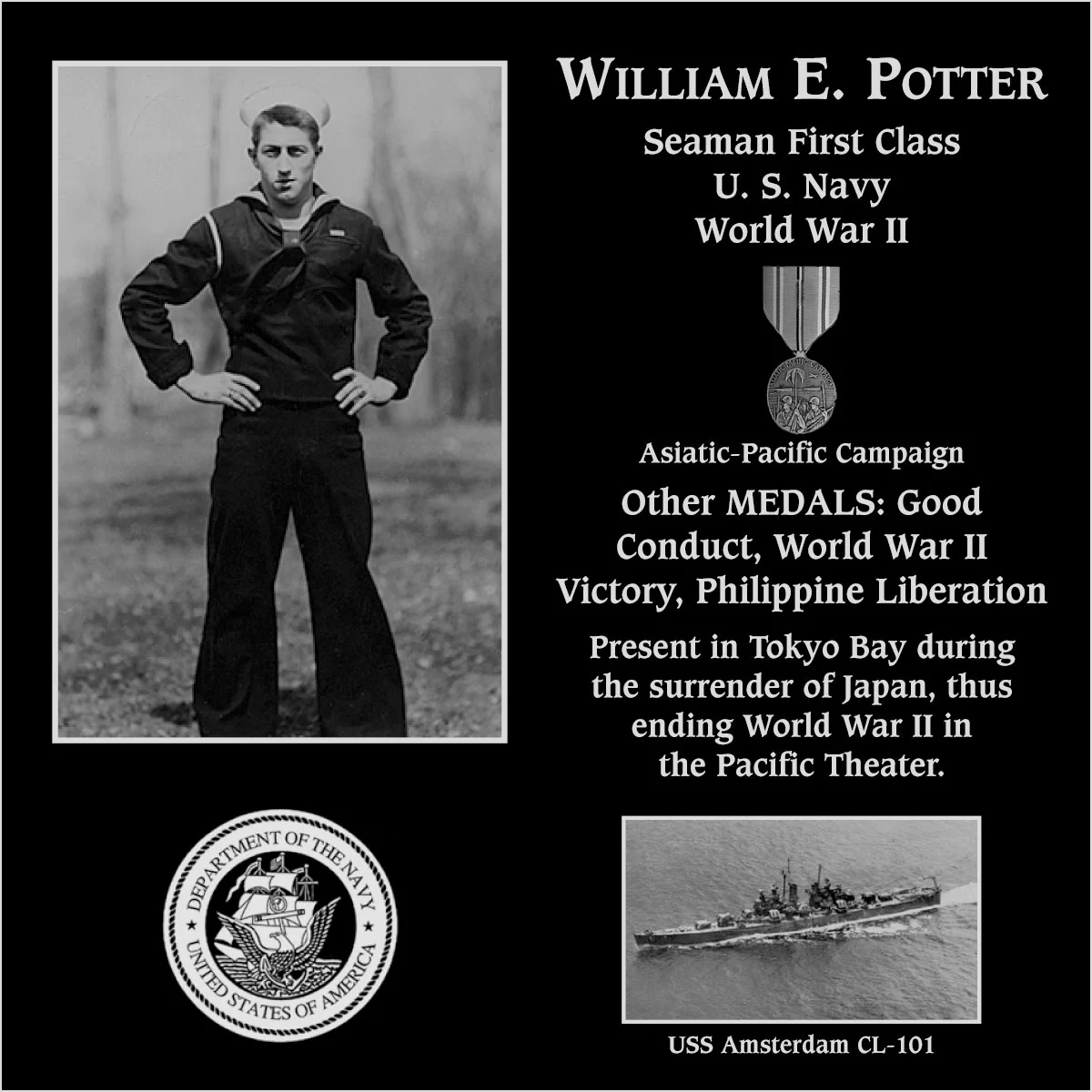 Seamanairmanfireman William E Potter Mt Soledad Virtual Plaque